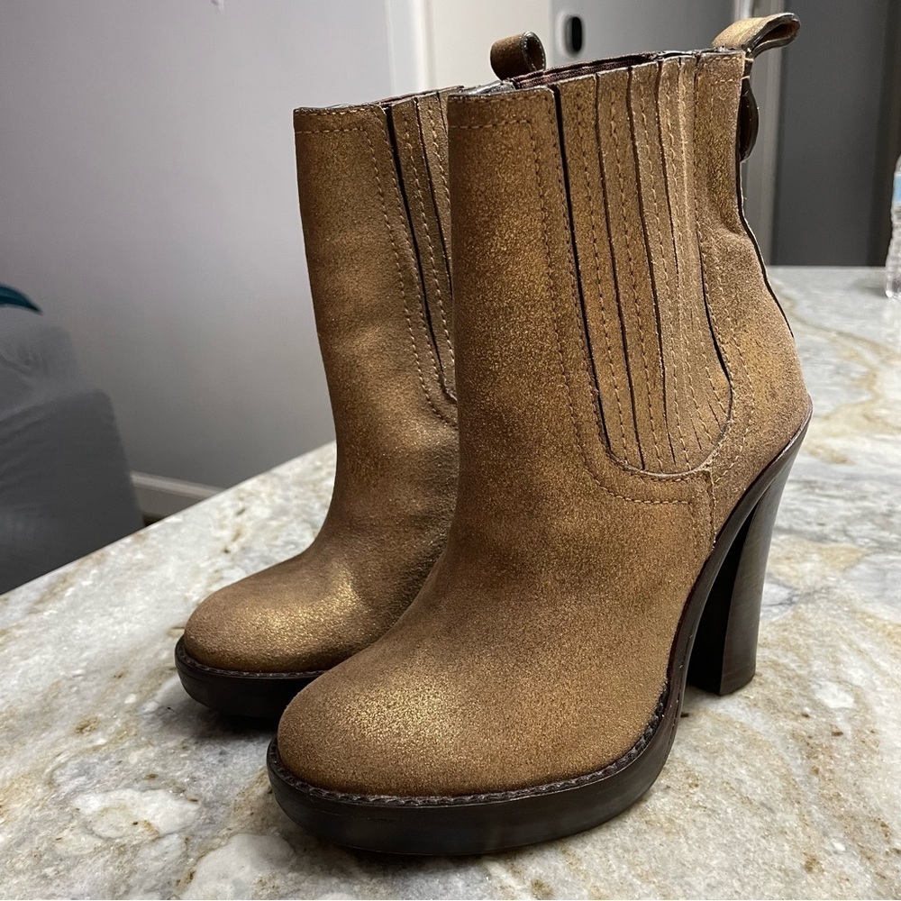 Tory Burch Troy Powder Suede Heeled Boots Women’s 5 Bronze